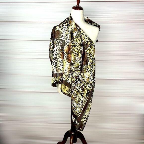 Adrienne Vittadini Silk Scarf Brown Green Ivory Satin Chiffon Square 34×34" - Picture 1 of 10